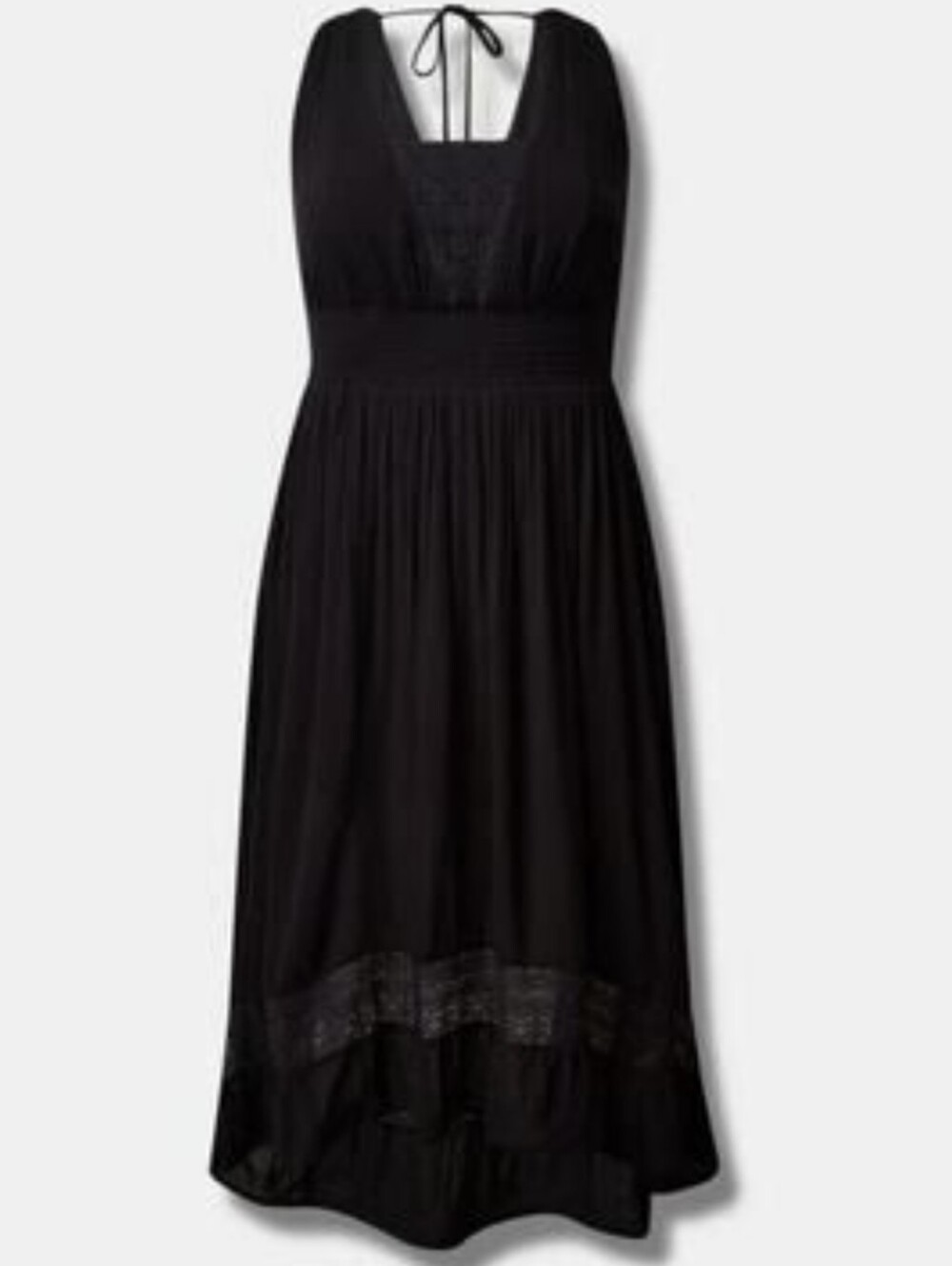 Torrid Black Gauze Smocked High Low Sleeveless Midi Dress with Lace Trim